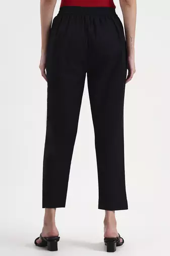 black woven cotton flex trousers slim fit regular pant