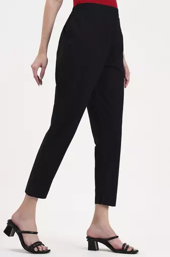 black woven cotton flex trousers slim fit regular pant