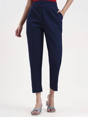 navy blue woven cotton flex trousers slim fit regular pant 1