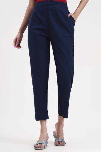 navy blue woven cotton flex trousers slim fit regular pant