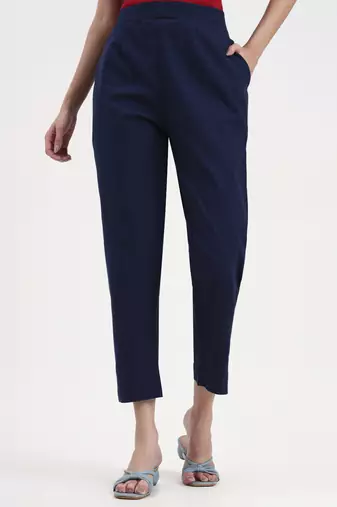 navy blue woven cotton flex trousers slim fit regular pant