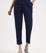 navy blue woven cotton flex trousers slim fit regular pant