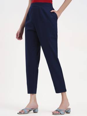 navy blue woven cotton flex trousers slim fit regular pant 2