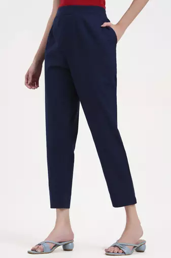 navy blue woven cotton flex trousers slim fit regular pant