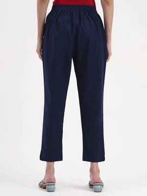 navy blue woven cotton flex trousers slim fit regular pant 3