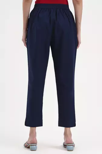 navy blue woven cotton flex trousers slim fit regular pant