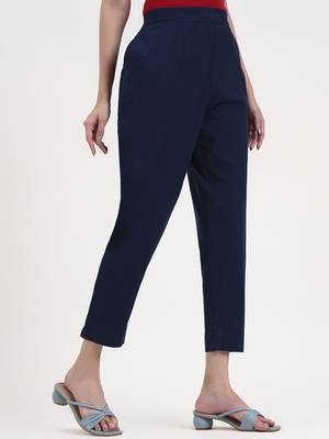 navy blue woven cotton flex trousers slim fit regular pant 4