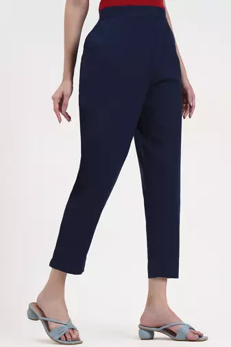 navy blue woven cotton flex trousers slim fit regular pant