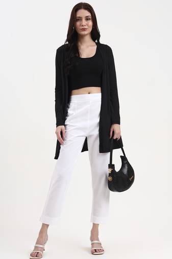 white woven cotton flex trousers slim fit regular pant