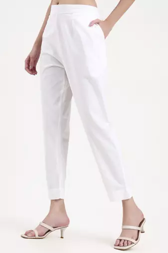 white woven cotton flex trousers slim fit regular pant