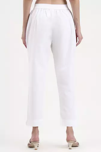 white woven cotton flex trousers slim fit regular pant