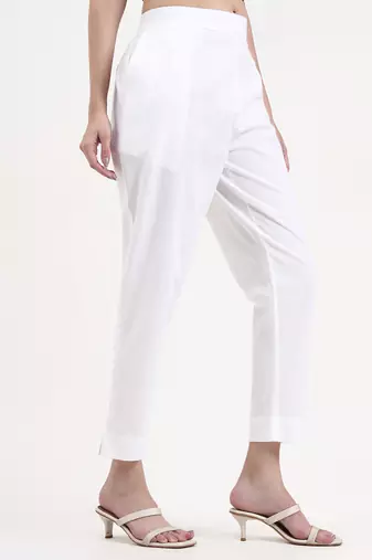 white woven cotton flex trousers slim fit regular pant