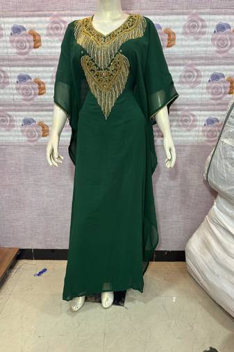  Emerald Green Georgette Stitched Kaftan with Luxe Gold Embroidery & Fringe Work