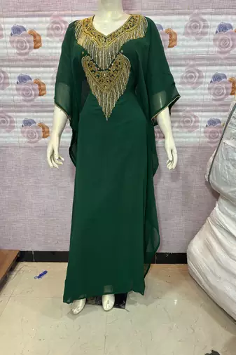  Emerald Green Georgette Stitched Kaftan with Luxe Gold Embroidery & Fringe Work