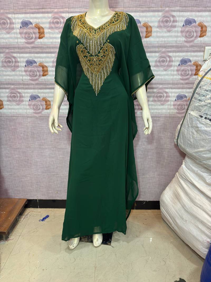 Emerald Green Georgette Stitched Kaftan with Luxe Gold Embroidery & Fringe Work