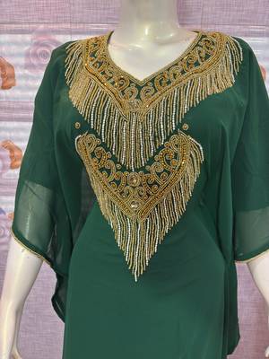  Emerald Green Georgette Stitched Kaftan with Luxe Gold Embroidery & Fringe Work 2