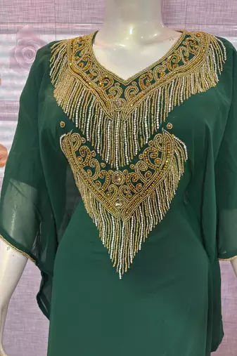  Emerald Green Georgette Stitched Kaftan with Luxe Gold Embroidery & Fringe Work