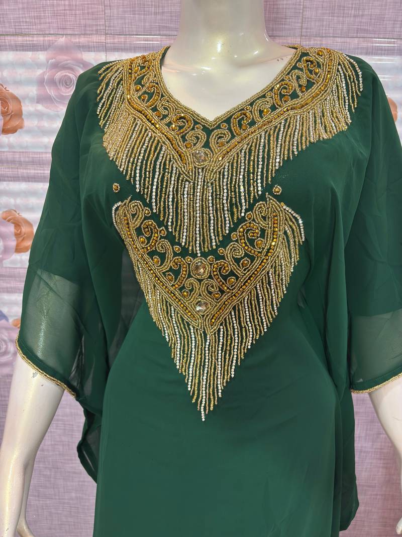Emerald Green Georgette Stitched Kaftan with Luxe Gold Embroidery & Fringe Work