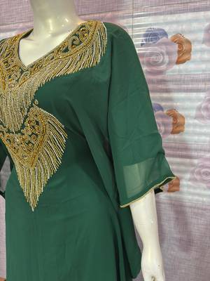  Emerald Green Georgette Stitched Kaftan with Luxe Gold Embroidery & Fringe Work 3