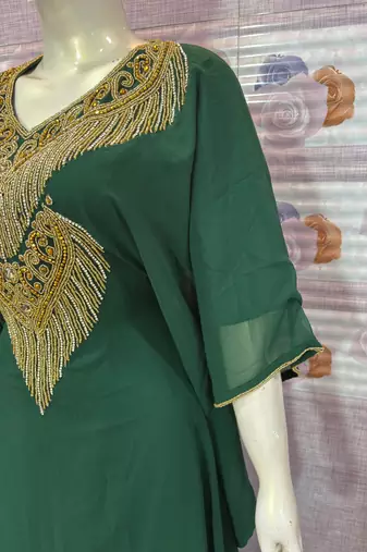  Emerald Green Georgette Stitched Kaftan with Luxe Gold Embroidery & Fringe Work