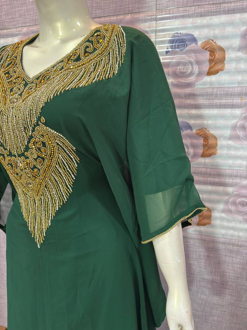 Emerald Green Georgette Stitched Kaftan with Luxe Gold Embroidery & Fringe Work