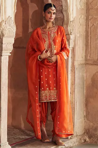 Orange embroidered chanderi silk kurta set With Dupatta