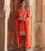 Orange embroidered chanderi silk kurta set With Dupatta