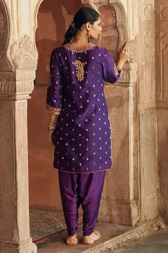 Purple embroidered chanderi silk kurta set