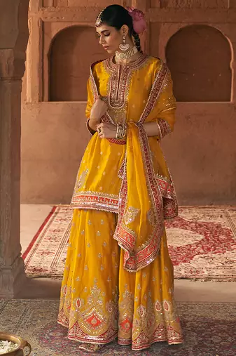 Mustard embroidered chanderi silk sharara set