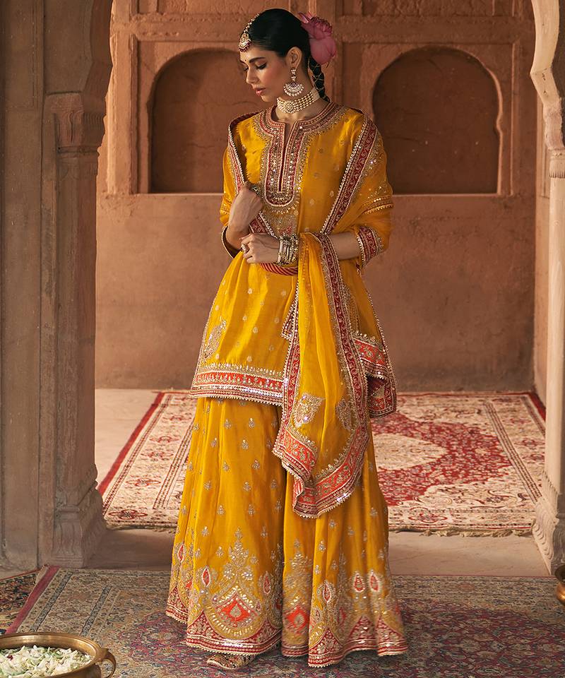 Mustard embroidered chanderi silk sharara set