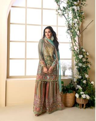 Multicolor embroidered Crepe sharara suit-Full Stitched Free size 1