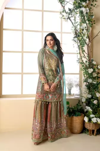 Multicolor crepe silk digital print with aari work Sharara suit - Full Stitched Free Size