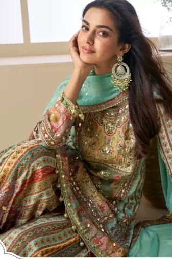 Multicolor embroidered Crepe sharara suit-Full Stitched Free size