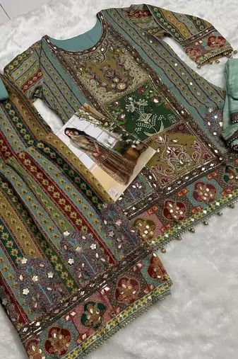 Multicolor embroidered Crepe sharara suit-Full Stitched Free size