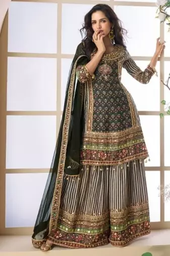 Black crepe silk digital print with aari work Palazzo suit