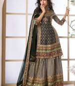 Black crepe silk digital print with aari work Palazzo suit