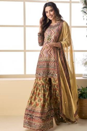 Yellow crepe silk digital print with aari work sharara suit