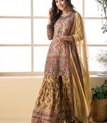 Yellow crepe silk digital print with aari work sharara suit