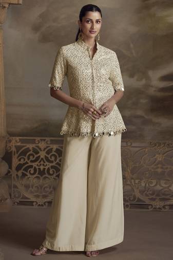 Cream georgette embroidered plazzo suit