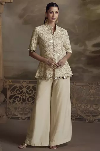 Cream georgette embroidered plazzo suit