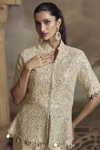 Cream georgette embroidered Palazzo suit