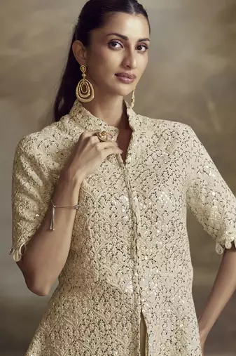 Cream georgette embroidered Palazzo suit