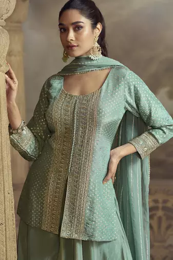 Sky blue viscose simar butti embroidered Palazzo suit