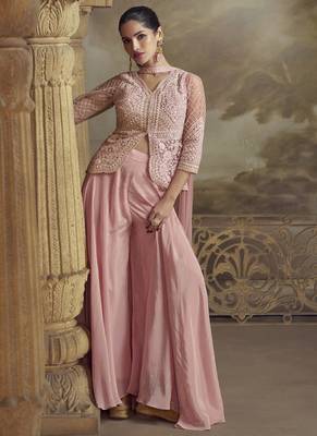 Peach net embroidered palazzo suit 1