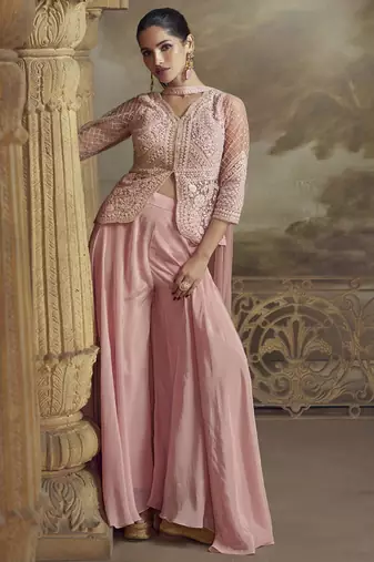 Peach net embroidered palazzo suit