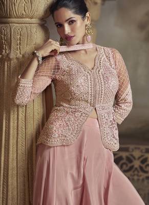 Peach net embroidered palazzo suit 2