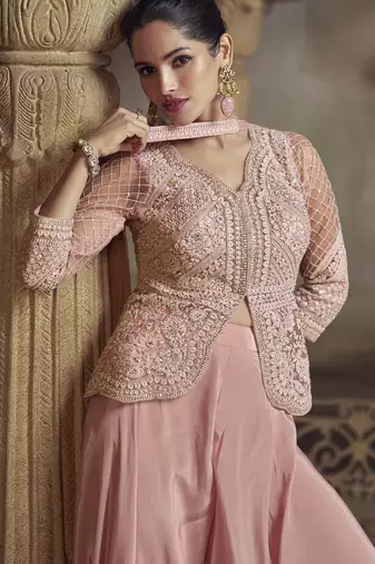 Peach net embroidered palazzo suit