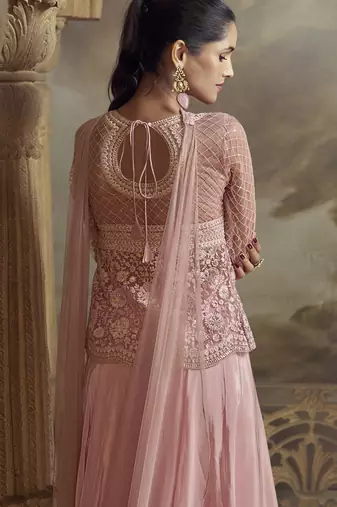 Peach net embroidered palazzo suit