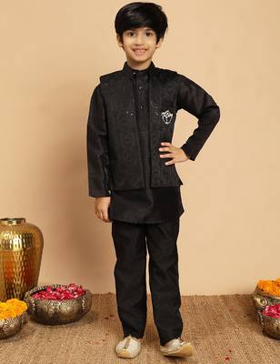 Boys cotton silk geometric sequined embroidered kurta & pyjama set with shrug- black 1