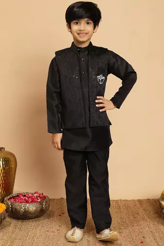 Boys cotton silk geometric sequined embroidered kurta & pyjama set with shrug- black